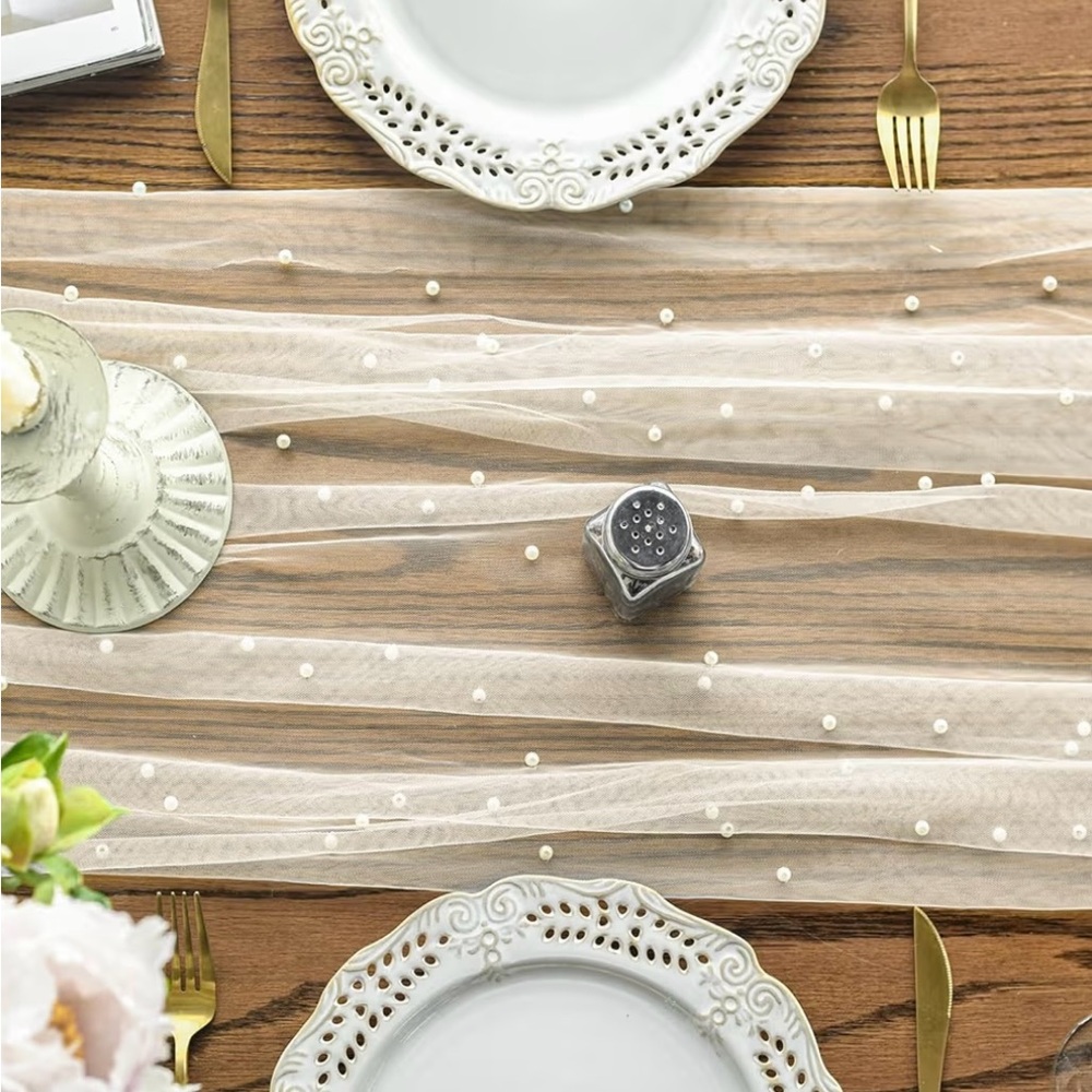 Elegant Sheer Table Runner with Pearls